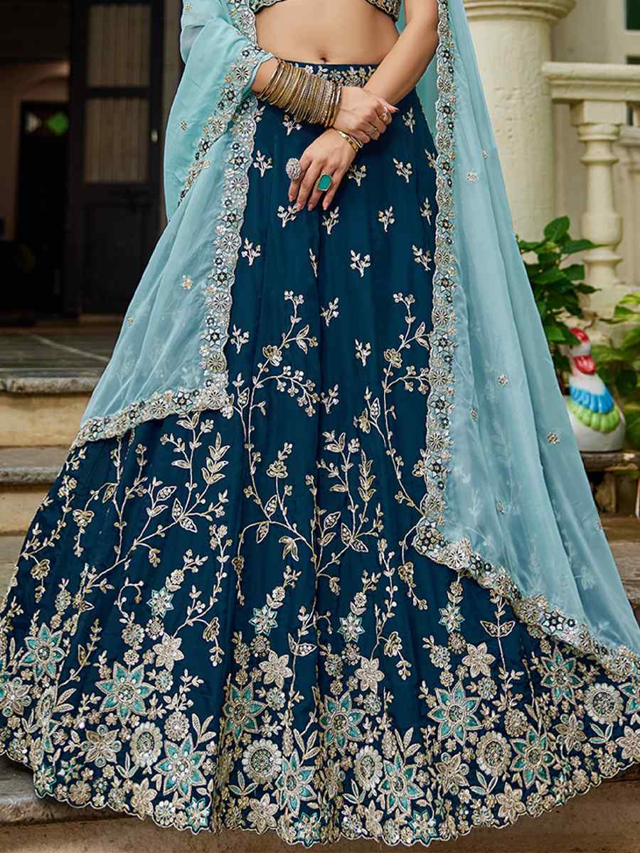 Navy Blue Organza Embroidered Festival Reception Wedding Party Wear Heavy Border Lehenga Choli