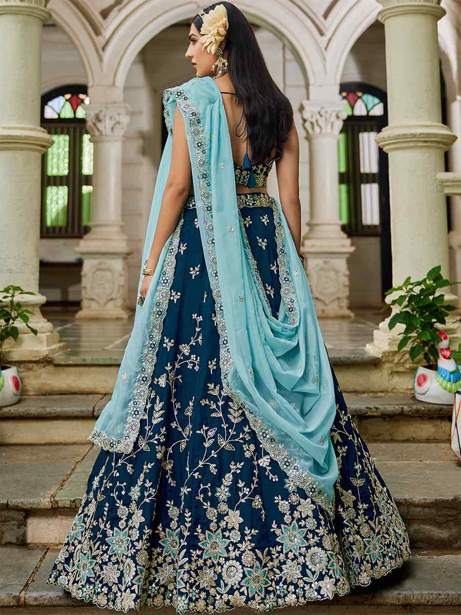 Navy Blue Organza Embroidered Festival Reception Wedding Party Wear Heavy Border Lehenga Choli
