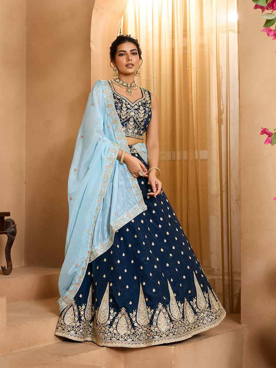 Navy Blue Organza Embroidered Wedding Reception Festival Heavy Border Lehenga Choli