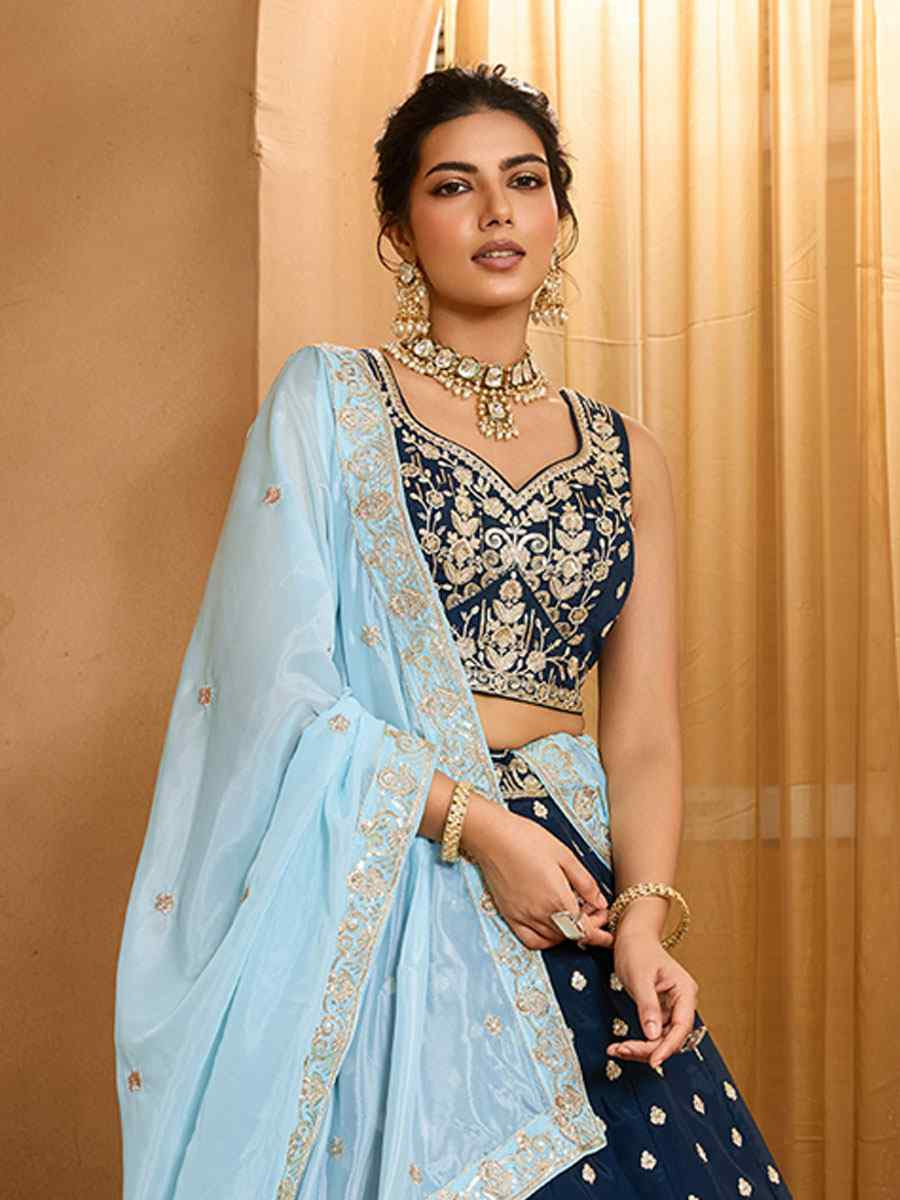 Navy Blue Organza Embroidered Wedding Reception Festival Heavy Border Lehenga Choli