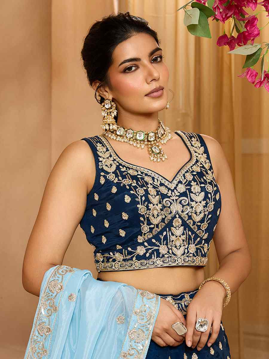 Navy Blue Organza Embroidered Wedding Reception Festival Heavy Border Lehenga Choli