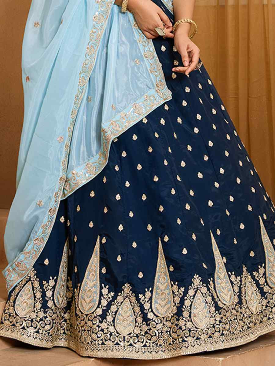 Navy Blue Organza Embroidered Wedding Reception Festival Heavy Border Lehenga Choli