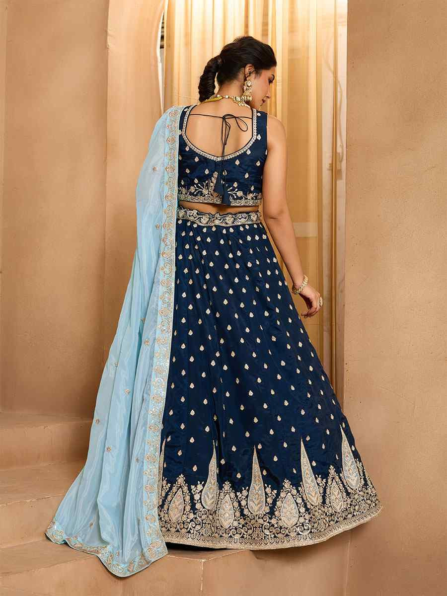 Navy Blue Organza Embroidered Wedding Reception Festival Heavy Border Lehenga Choli