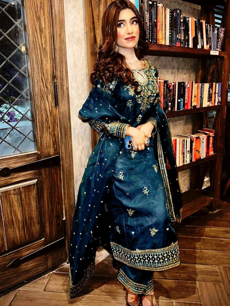 Navy Blue Organza silk Embroidery Zari Sequins Wedding Party Festival Casual Ready Palazzo Pant Salwar Kameez
