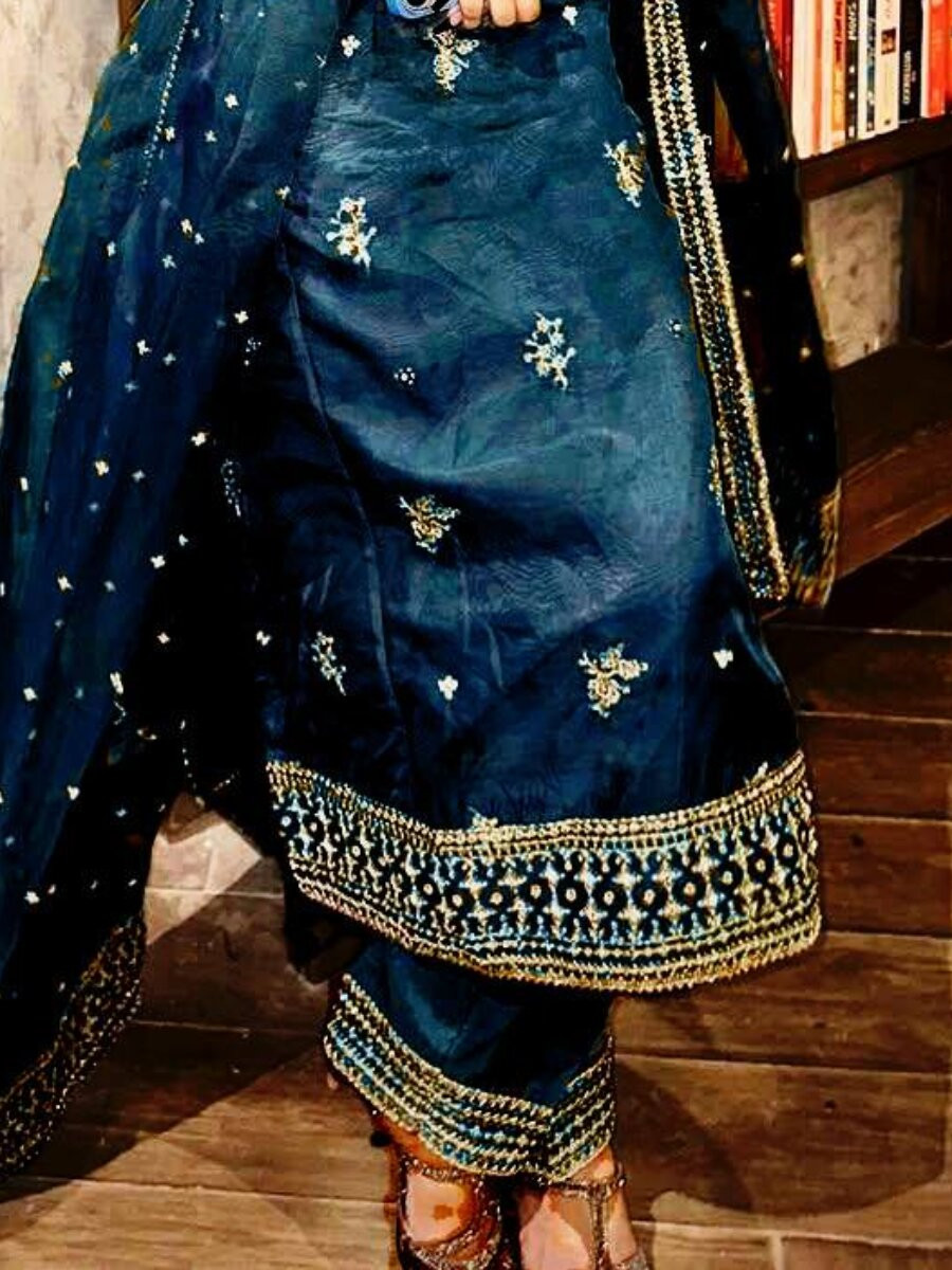 Navy Blue Organza silk Embroidery Zari Sequins Wedding Party Festival Casual Ready Palazzo Pant Salwar Kameez