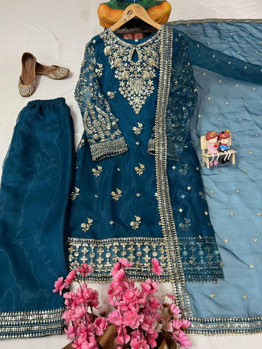 Navy Blue Organza silk Embroidery Zari Sequins Wedding Party Festival Casual Ready Palazzo Pant Salwar Kameez