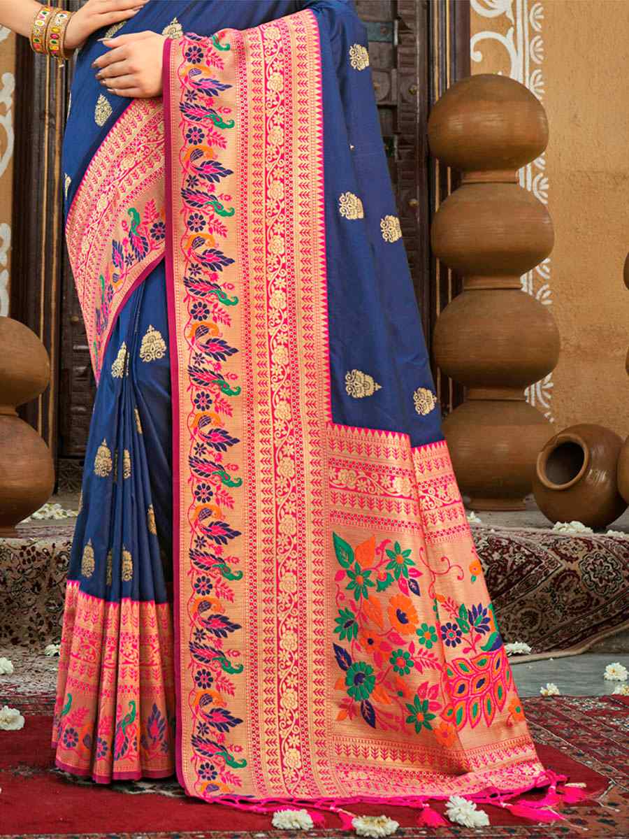 Navy Blue Paithani Silk Handwoven Printed Wedding Heavy Border Saree