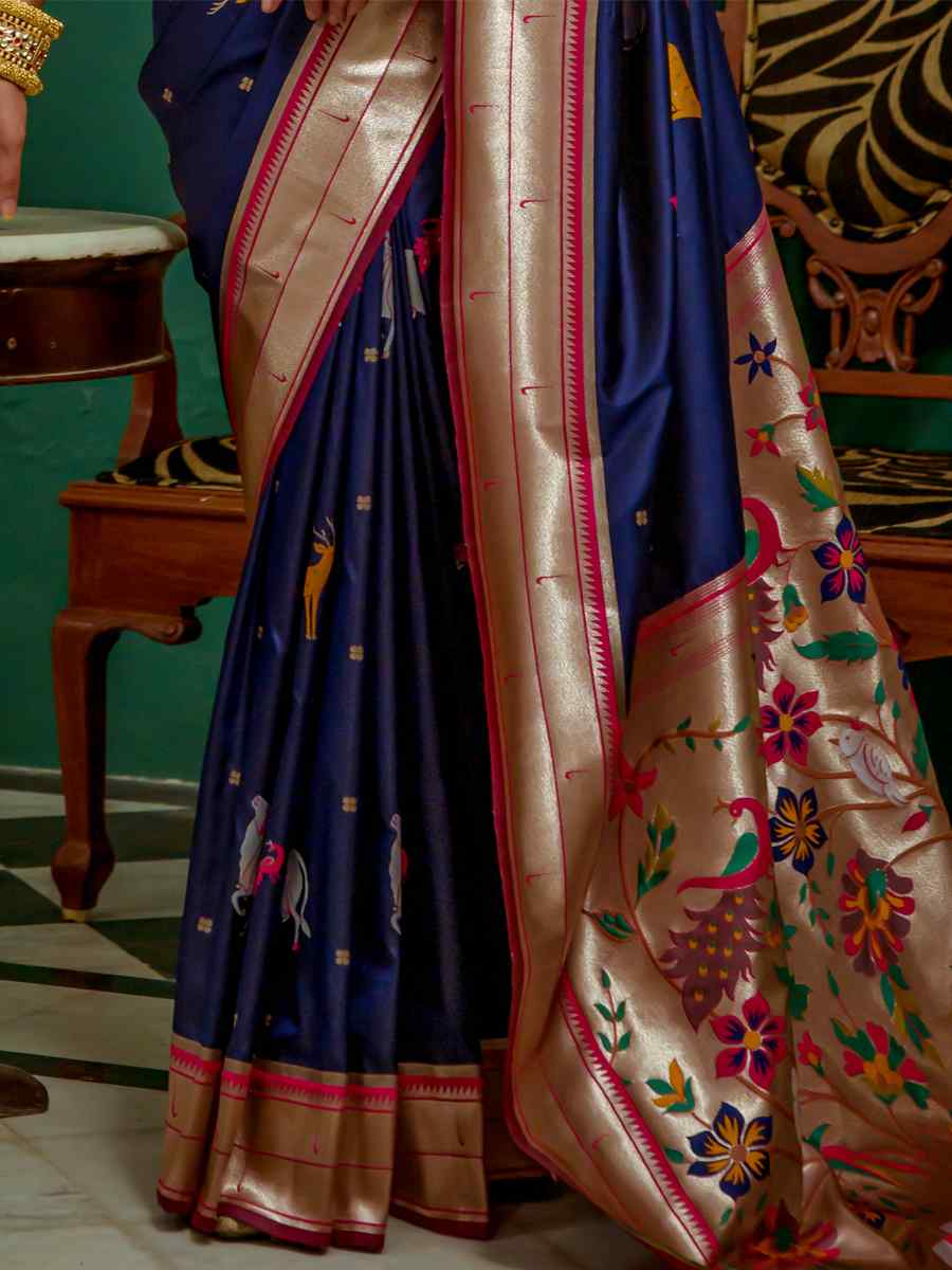 Navy Blue Paithani Silk Handwoven Wedding Festival Heavy Border Saree