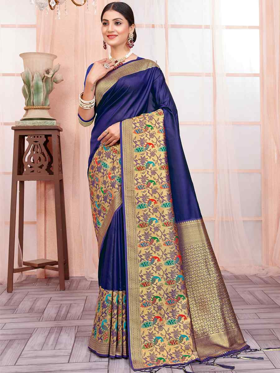 Navy Blue Paithani Silk Handwoven Wedding Festival Heavy Border Saree