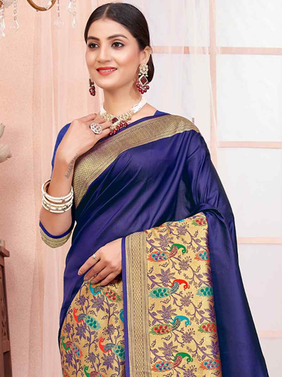 Navy Blue Paithani Silk Handwoven Wedding Festival Heavy Border Saree