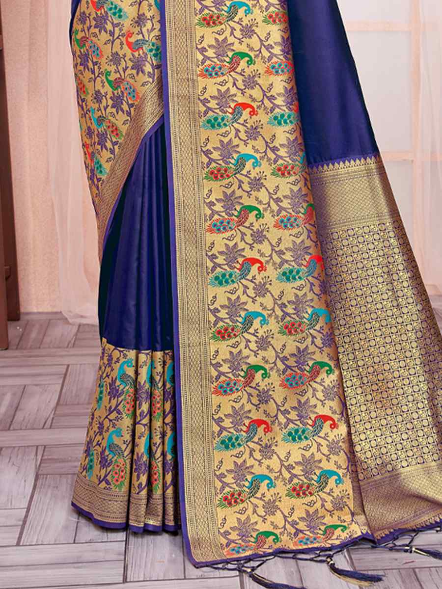 Navy Blue Paithani Silk Handwoven Wedding Festival Heavy Border Saree