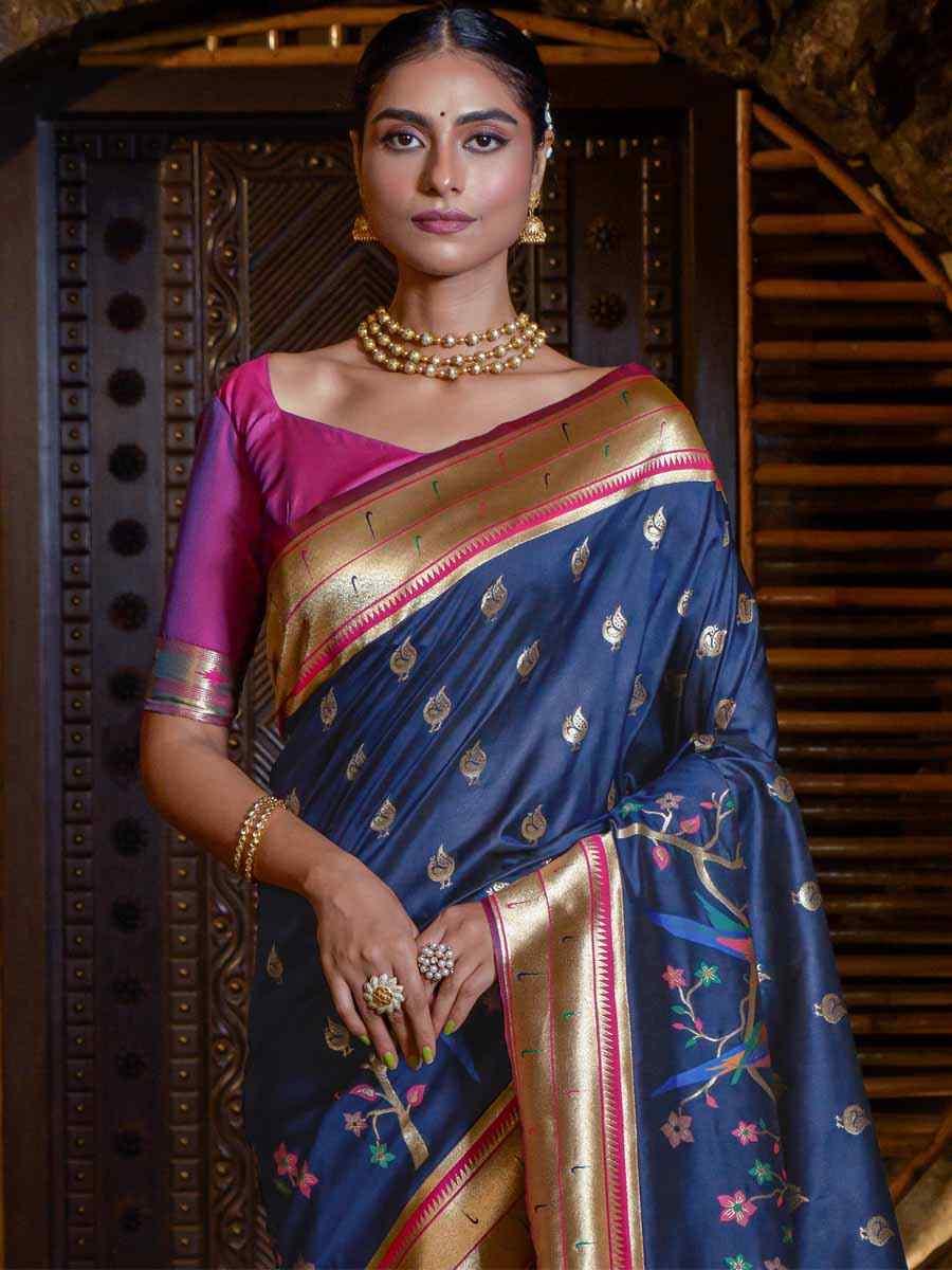 Navy Blue Paithani Silk Handwoven Wedding Festival Heavy Border Saree