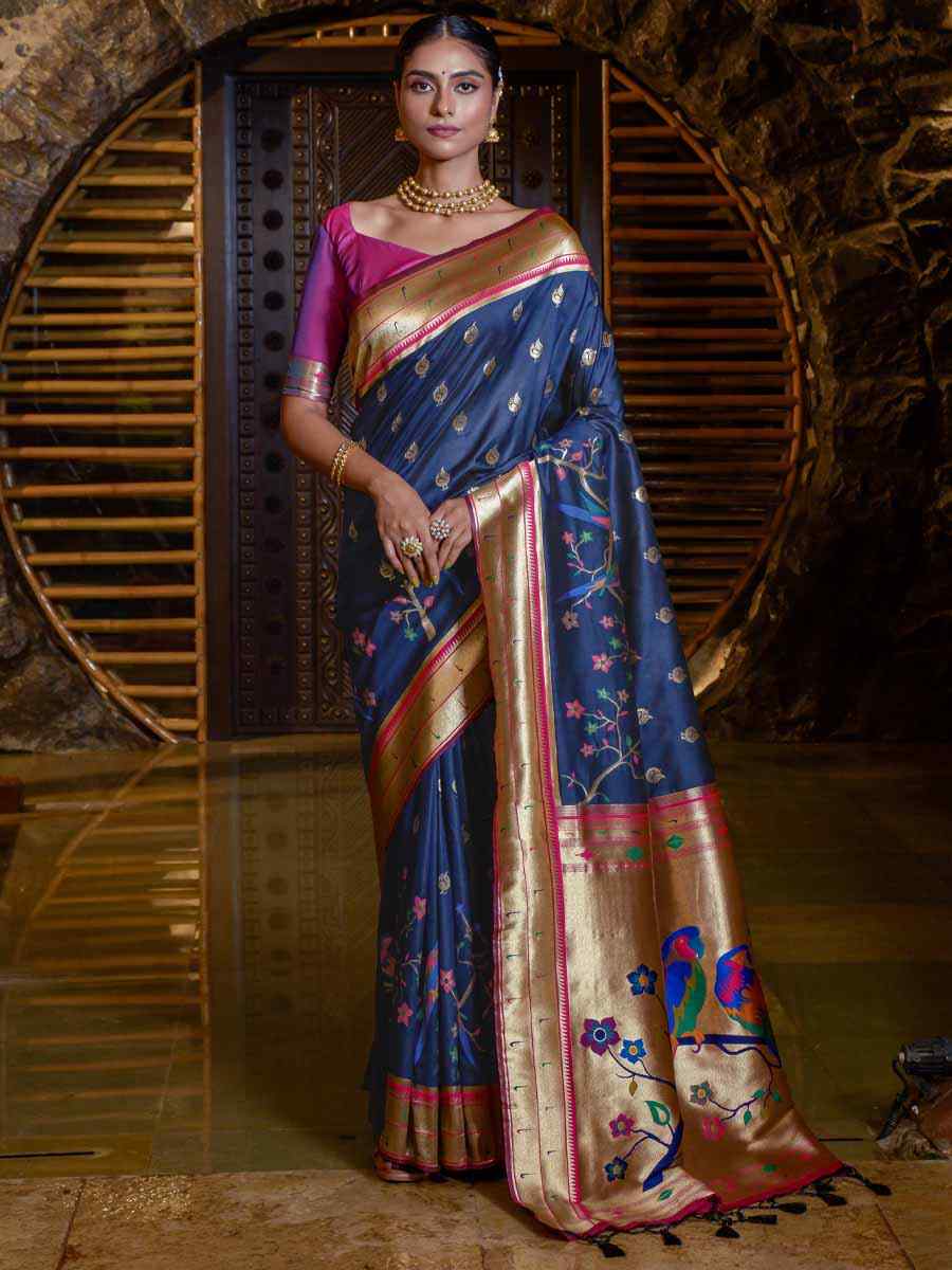 Navy Blue Paithani Silk Handwoven Wedding Festival Heavy Border Saree