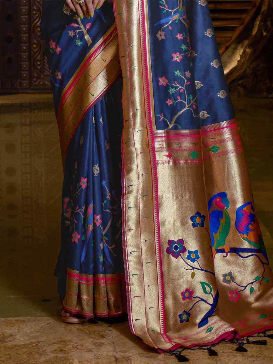 Navy Blue Paithani Silk Handwoven Wedding Festival Heavy Border Saree