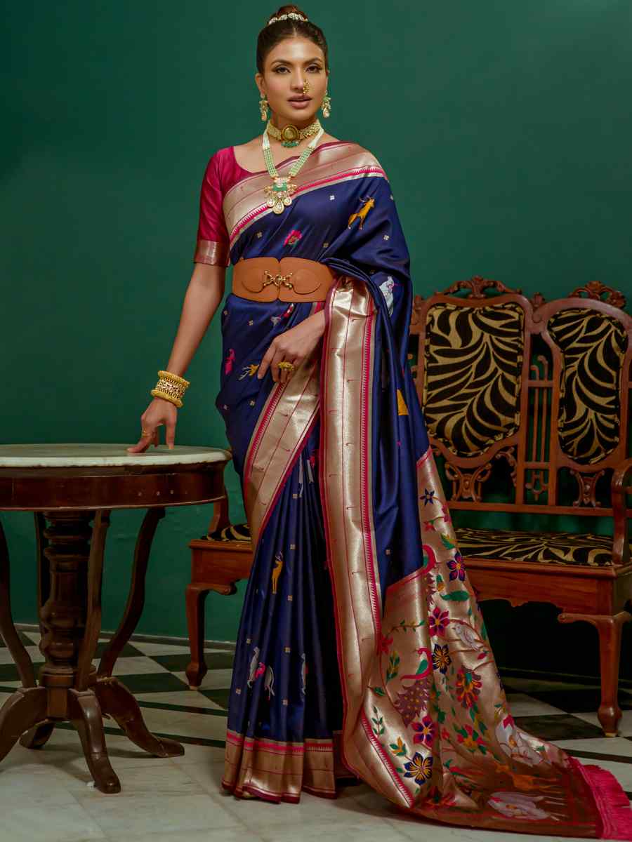 Navy Blue Paithani Silk Handwoven Wedding Festival Heavy Border Saree