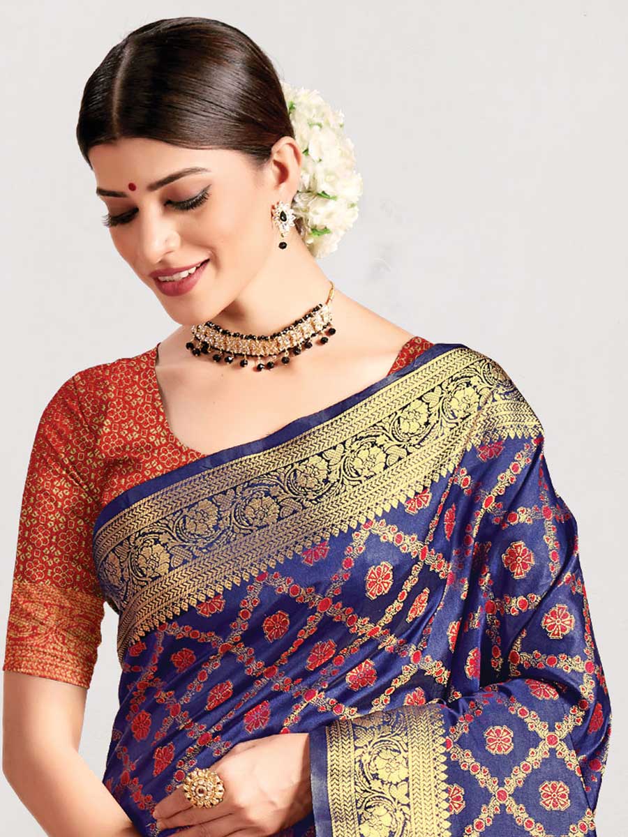 Navy Blue Patola Silk Handwoven Festival Saree
