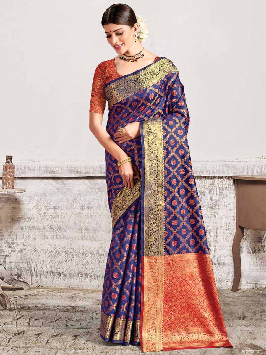 Navy Blue Patola Silk Handwoven Festival Saree