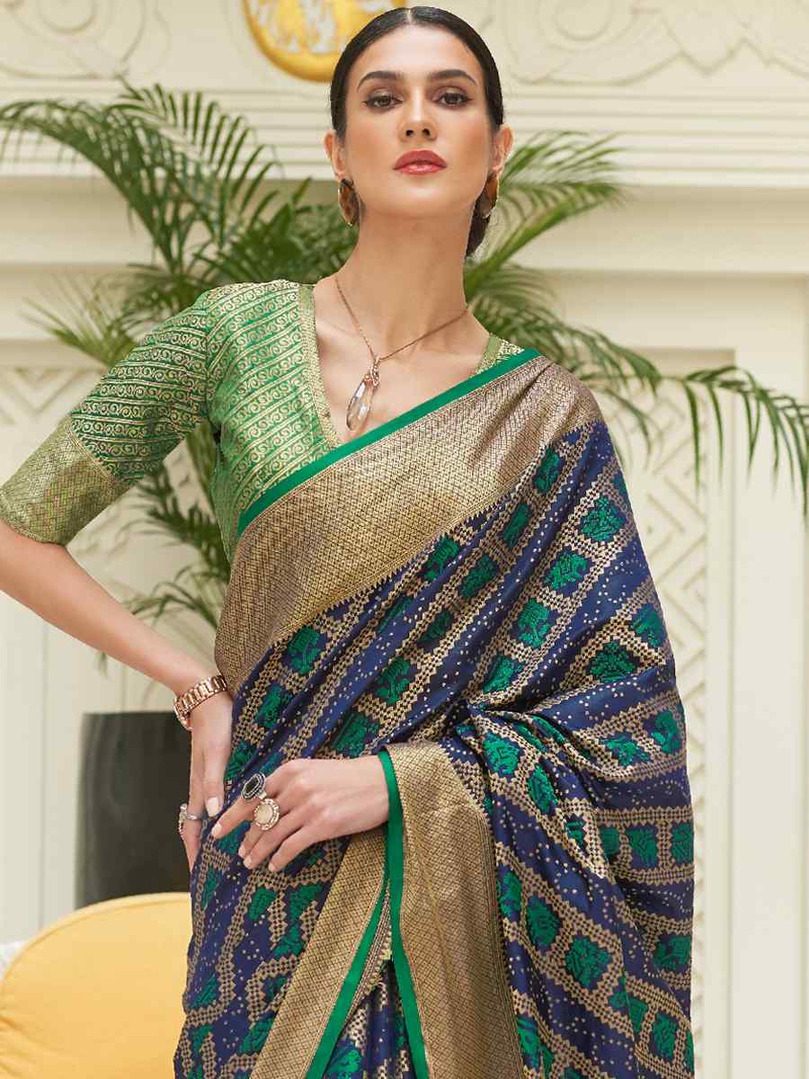 Navy Blue Patola Silk Handwoven Party Festival Heavy Border Saree