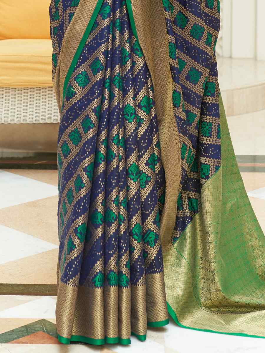 Navy Blue Patola Silk Handwoven Party Festival Heavy Border Saree