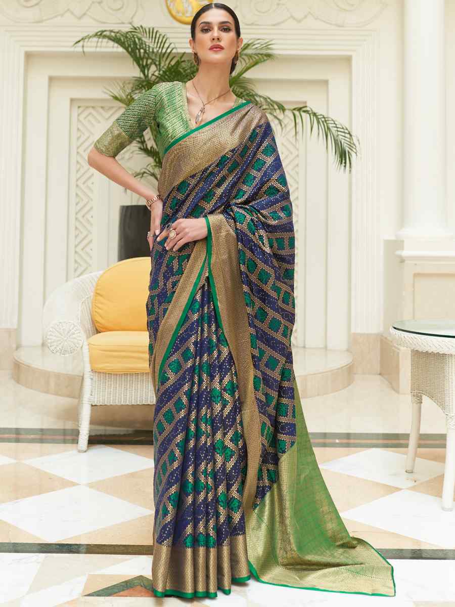 Navy Blue Patola Silk Handwoven Party Festival Heavy Border Saree