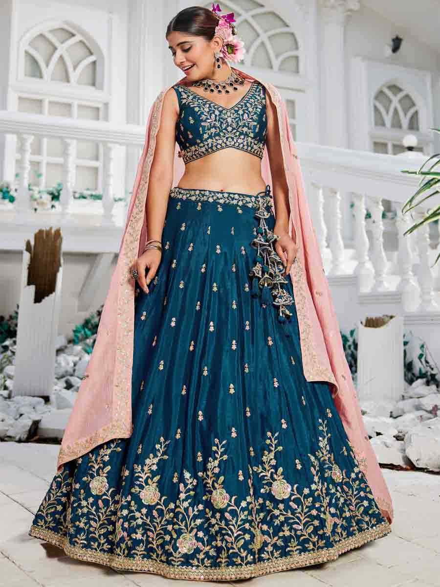 Navy Blue Poly Chiffon Embroidered Reception Wedding Heavy Border Lehenga Choli