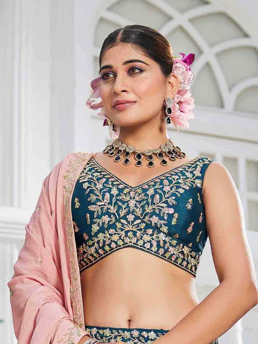 Navy Blue Poly Chiffon Embroidered Reception Wedding Heavy Border Lehenga Choli