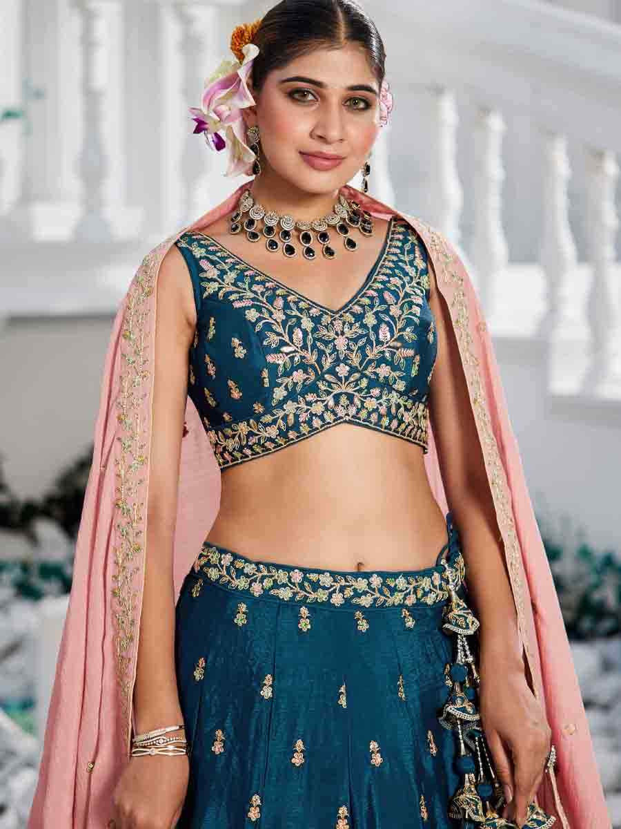 Navy Blue Poly Chiffon Embroidered Reception Wedding Heavy Border Lehenga Choli