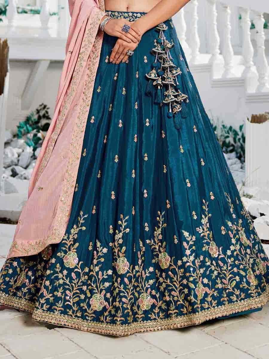 Navy Blue Poly Chiffon Embroidered Reception Wedding Heavy Border Lehenga Choli