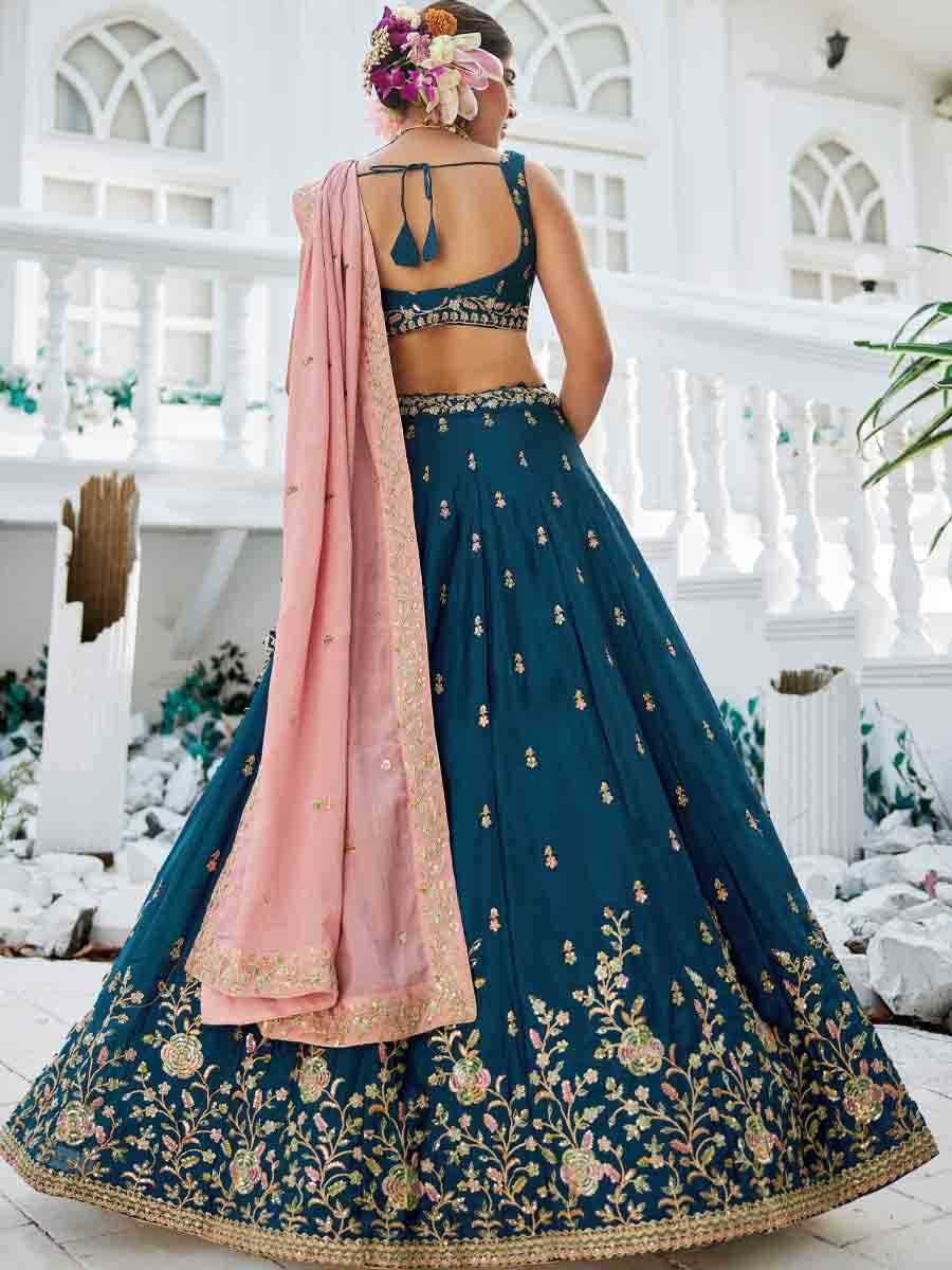 Navy Blue Poly Chiffon Embroidered Reception Wedding Heavy Border Lehenga Choli