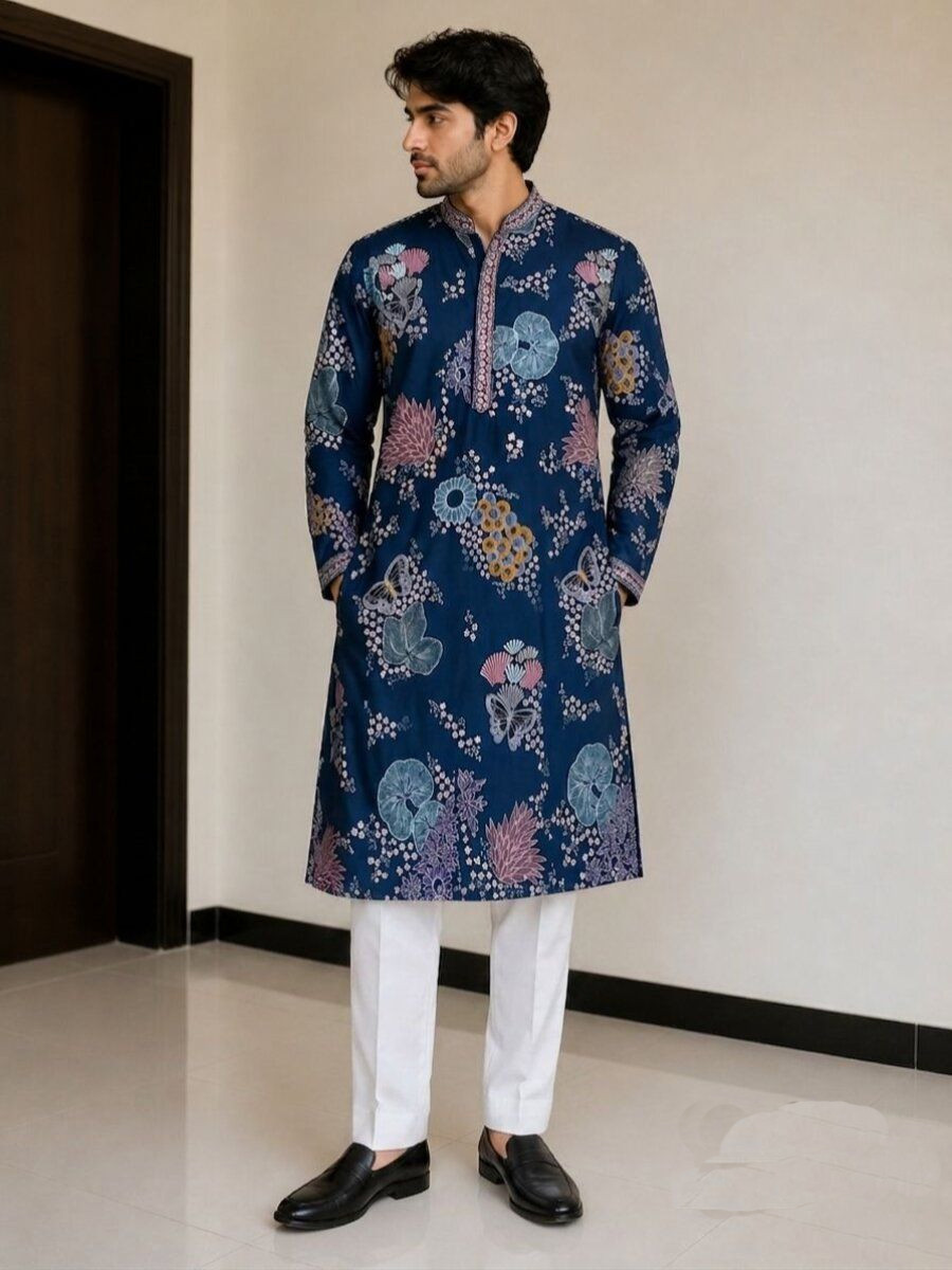 Navy Blue Poly Linen Satin Embroidery Wedding Party Festival Casual Mens Wear Kurta