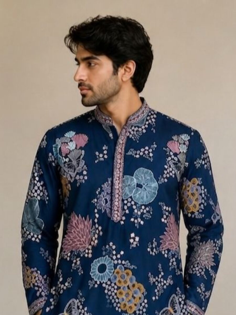 Navy Blue Poly Linen Satin Embroidery Wedding Party Festival Casual Mens Wear Kurta