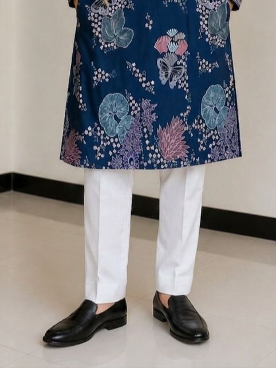 Navy Blue Poly Linen Satin Embroidery Wedding Party Festival Casual Mens Wear Kurta