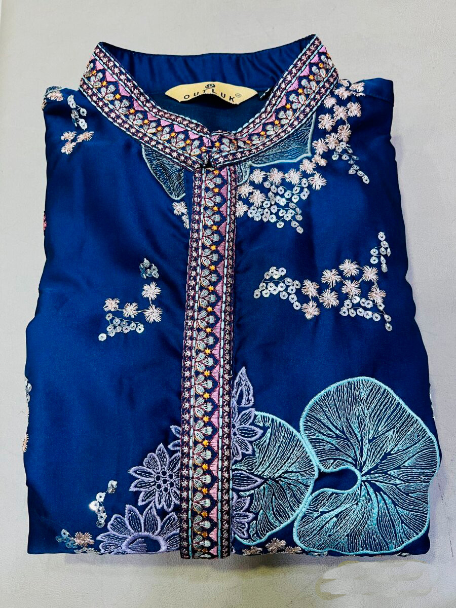 Navy Blue Poly Linen Satin Embroidery Wedding Party Festival Casual Mens Wear Kurta