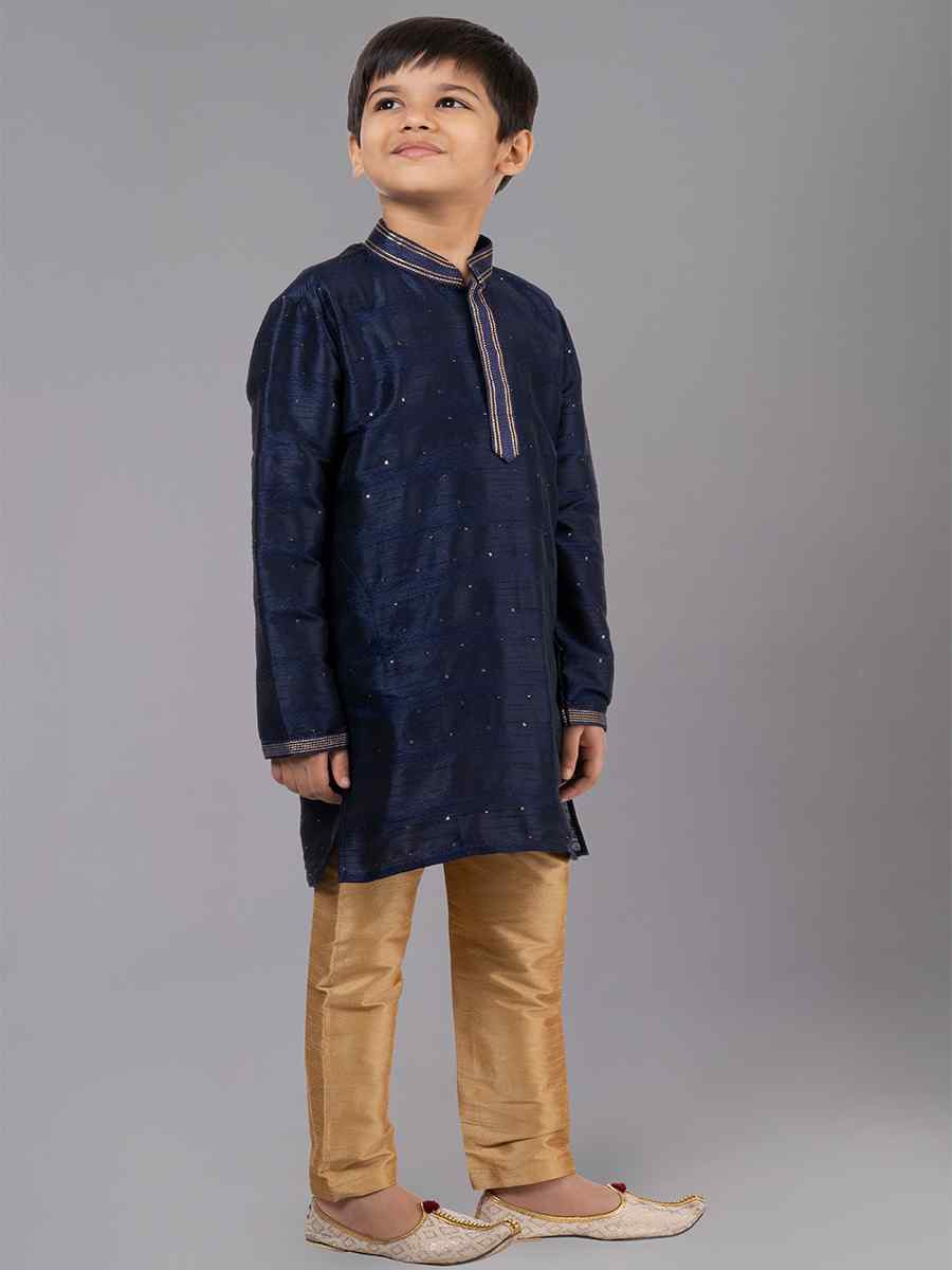 Navy Blue Polyester Cotton Embroidered Festival Traditional Kurta Pyjama Boys Wear