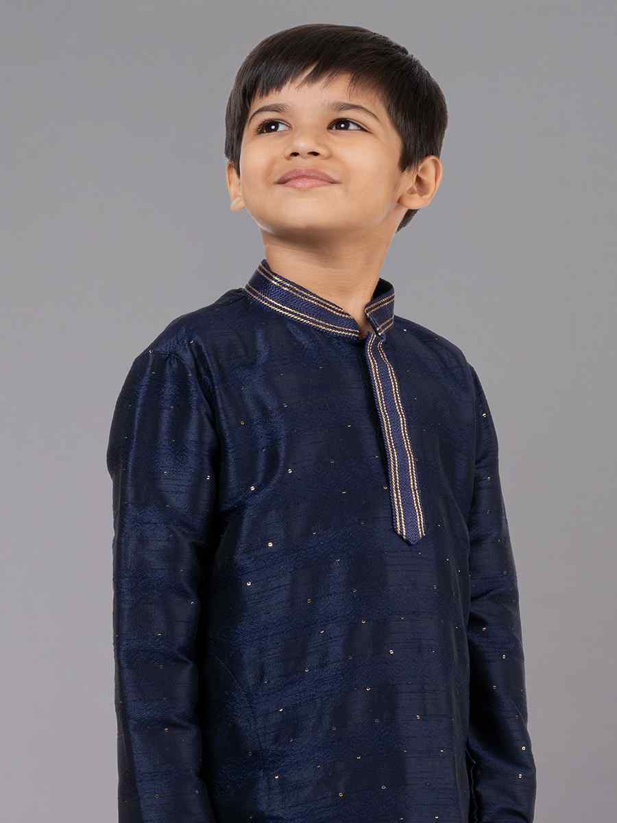 Navy Blue Polyester Cotton Embroidered Festival Traditional Kurta Pyjama Boys Wear