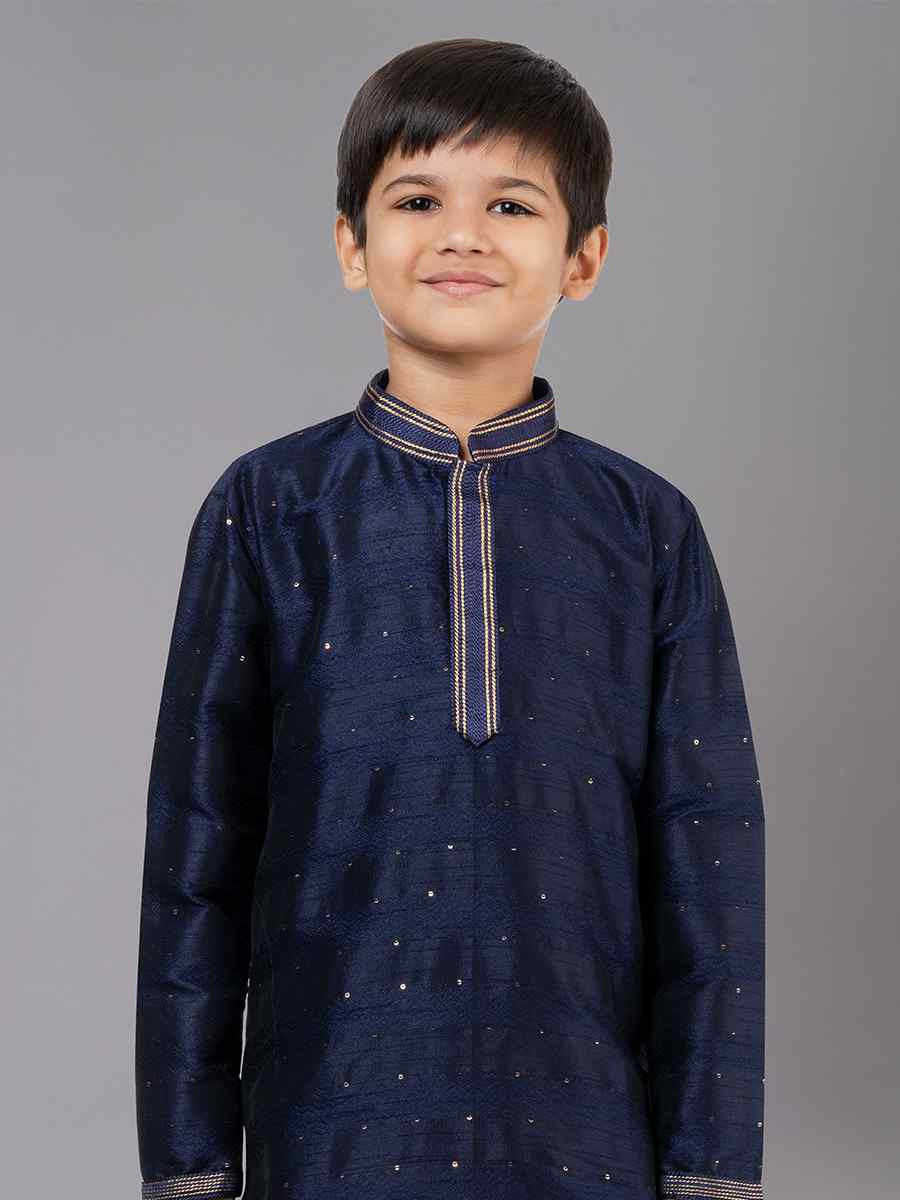 Navy Blue Polyester Cotton Embroidered Festival Traditional Kurta Pyjama Boys Wear