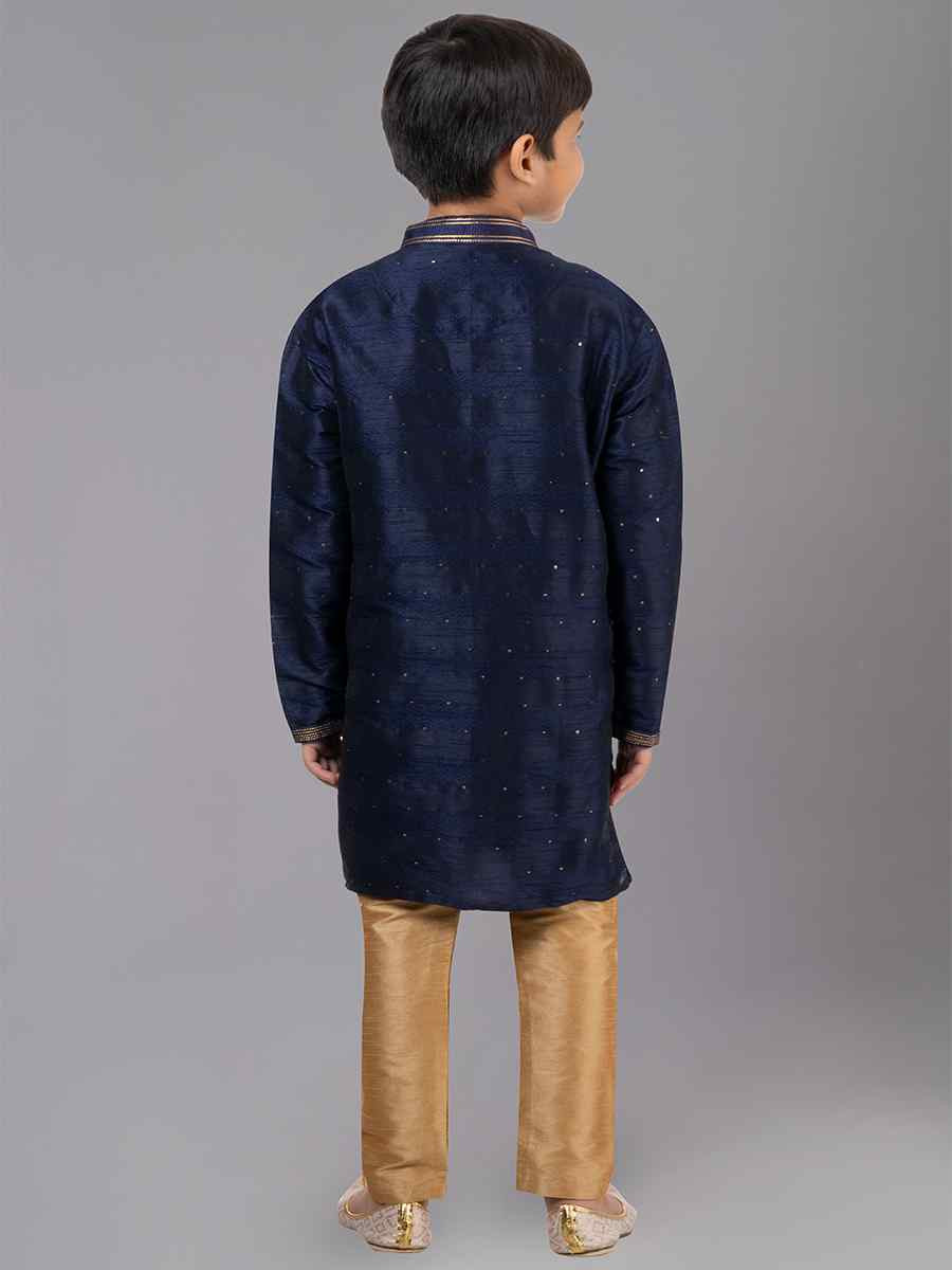 Navy Blue Polyester Cotton Embroidered Festival Traditional Kurta Pyjama Boys Wear