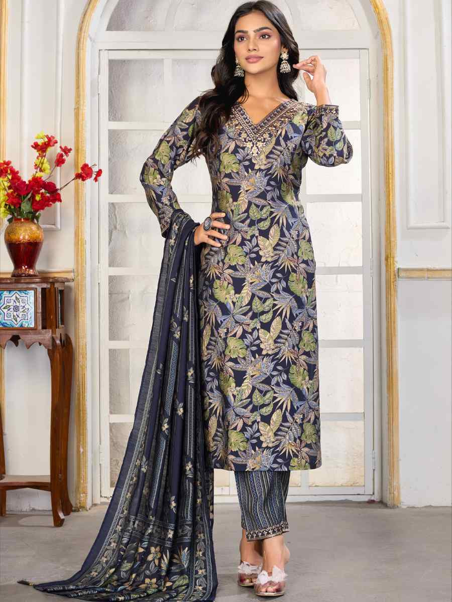 Navy Blue Premium Chanderi Silk Embroidery Printed Party Wedding Festival Casual Ready Pant Salwar Kameez