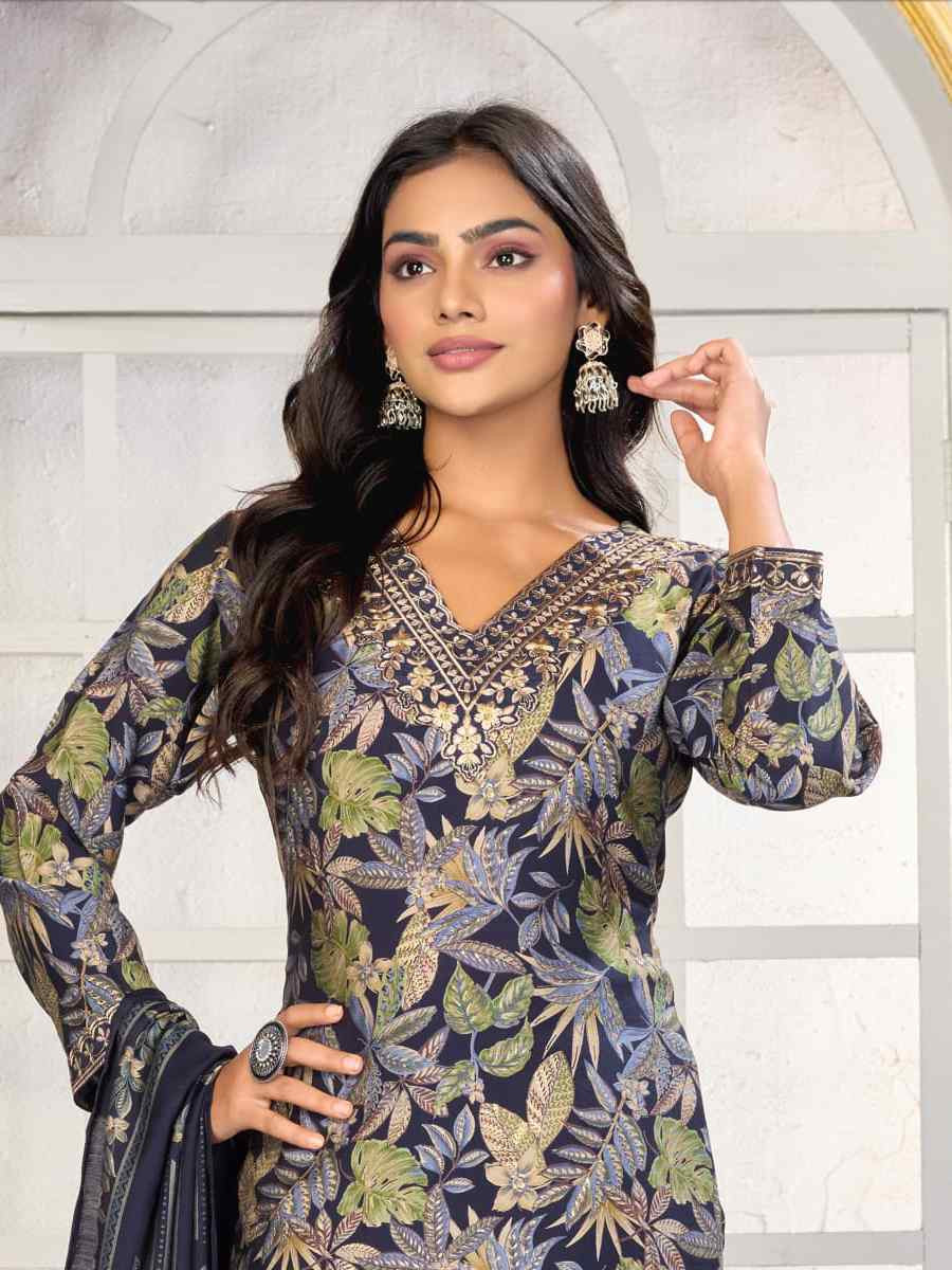 Navy Blue Premium Chanderi Silk Embroidery Printed Party Wedding Festival Casual Ready Pant Salwar Kameez