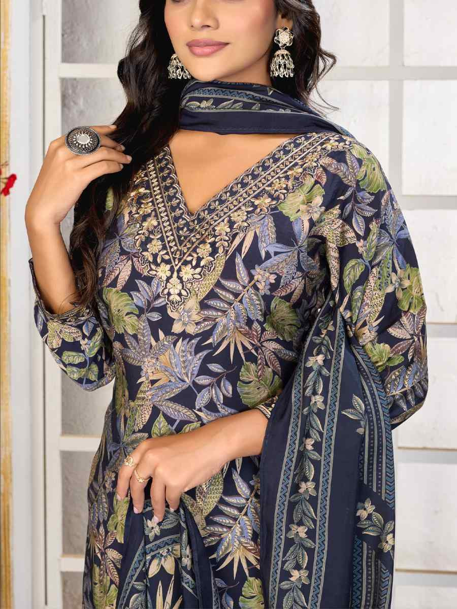 Navy Blue Premium Chanderi Silk Embroidery Printed Party Wedding Festival Casual Ready Pant Salwar Kameez