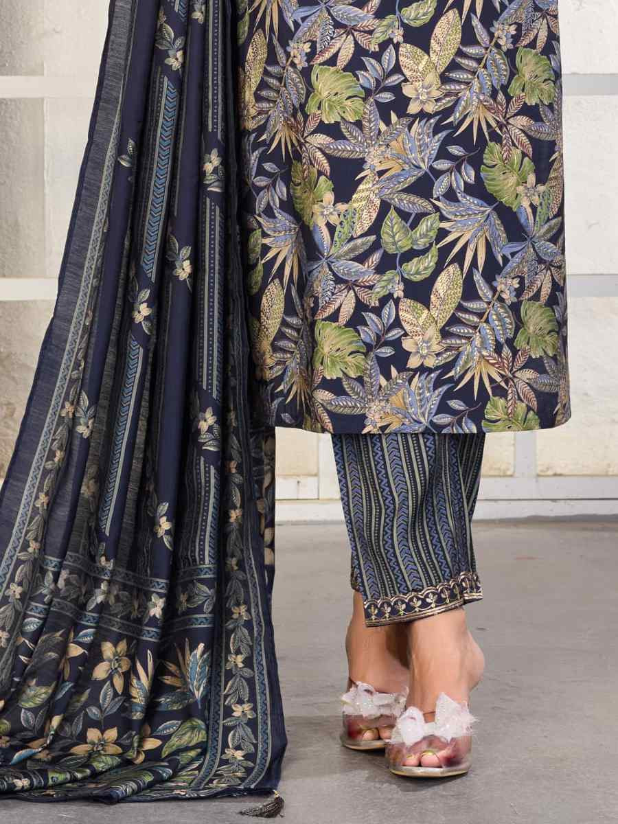 Navy Blue Premium Chanderi Silk Embroidery Printed Party Wedding Festival Casual Ready Pant Salwar Kameez