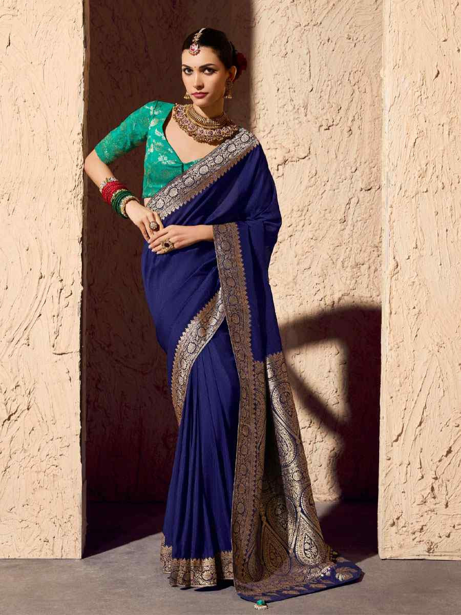 Navy Blue Premium Crepe Georgette Handwoven Traditional Bridal Reception Festival Wedding Fancy Heavy Border Saree