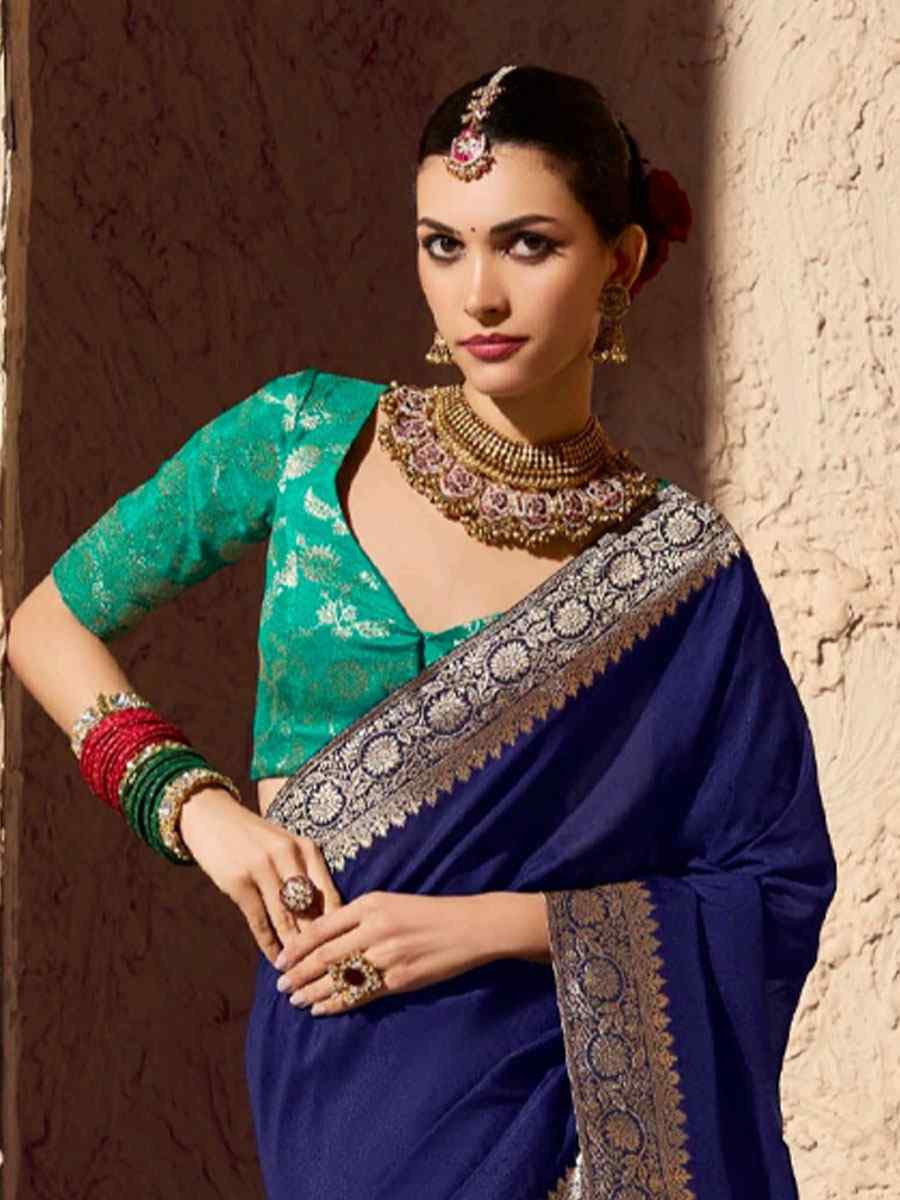 Navy Blue Premium Crepe Georgette Handwoven Traditional Bridal Reception Festival Wedding Fancy Heavy Border Saree