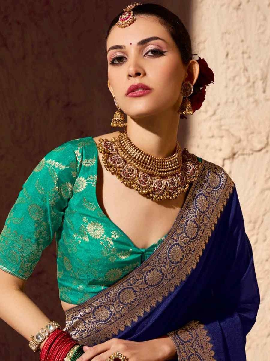 Navy Blue Premium Crepe Georgette Handwoven Traditional Bridal Reception Festival Wedding Fancy Heavy Border Saree