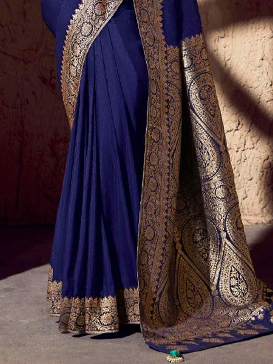 Navy Blue Premium Crepe Georgette Handwoven Traditional Bridal Reception Festival Wedding Fancy Heavy Border Saree