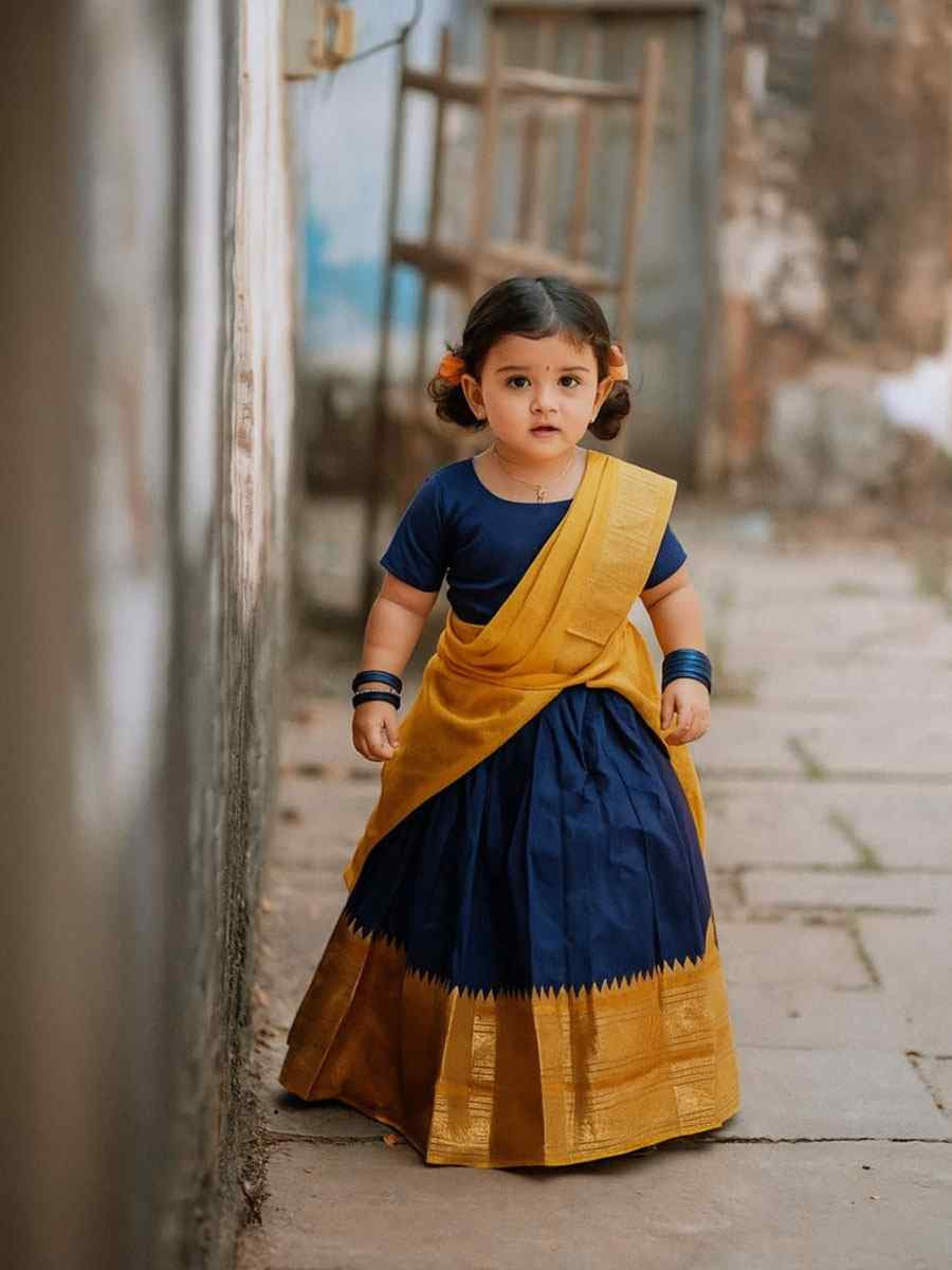 Navy Blue Premium Lichi Silk Brocade Kids Wear Wedding Festival Lehengas Girls Wear