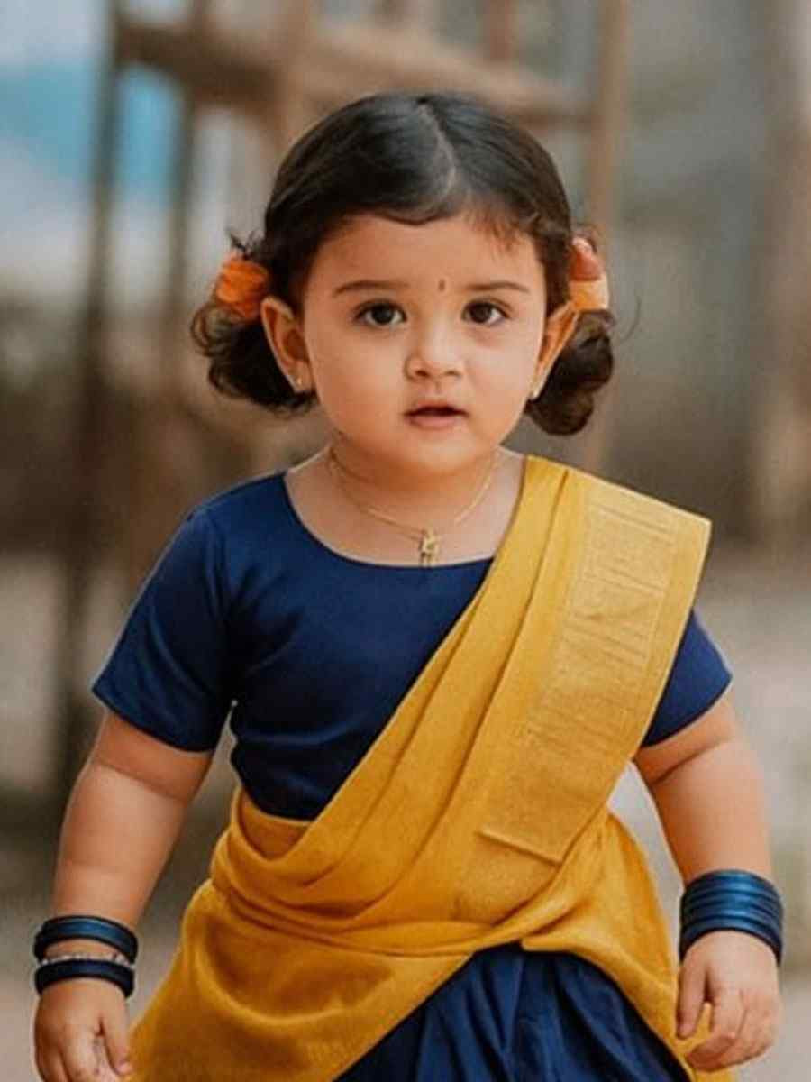 Navy Blue Premium Lichi Silk Brocade Kids Wear Wedding Festival Lehengas Girls Wear