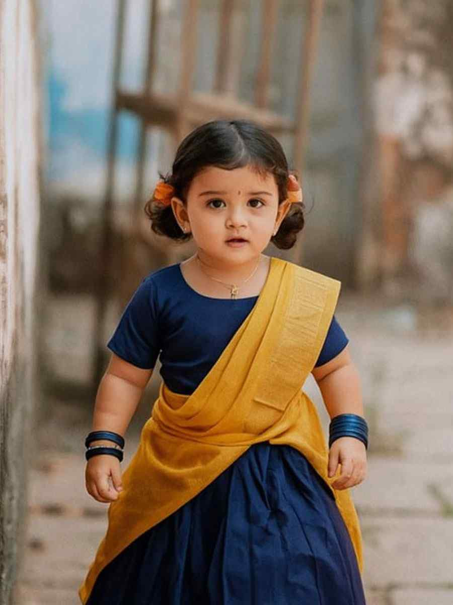 Navy Blue Premium Lichi Silk Brocade Kids Wear Wedding Festival Lehengas Girls Wear