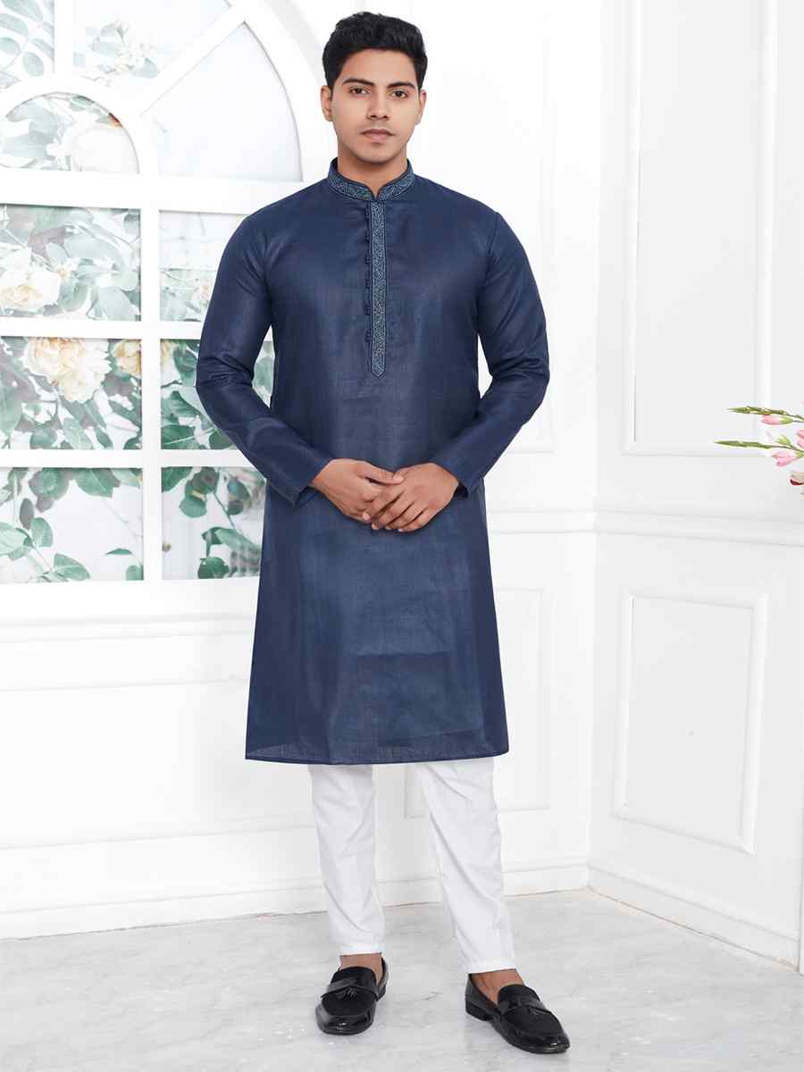 Navy Blue Premium Linen Cotton Printed Festival Casual Kurta