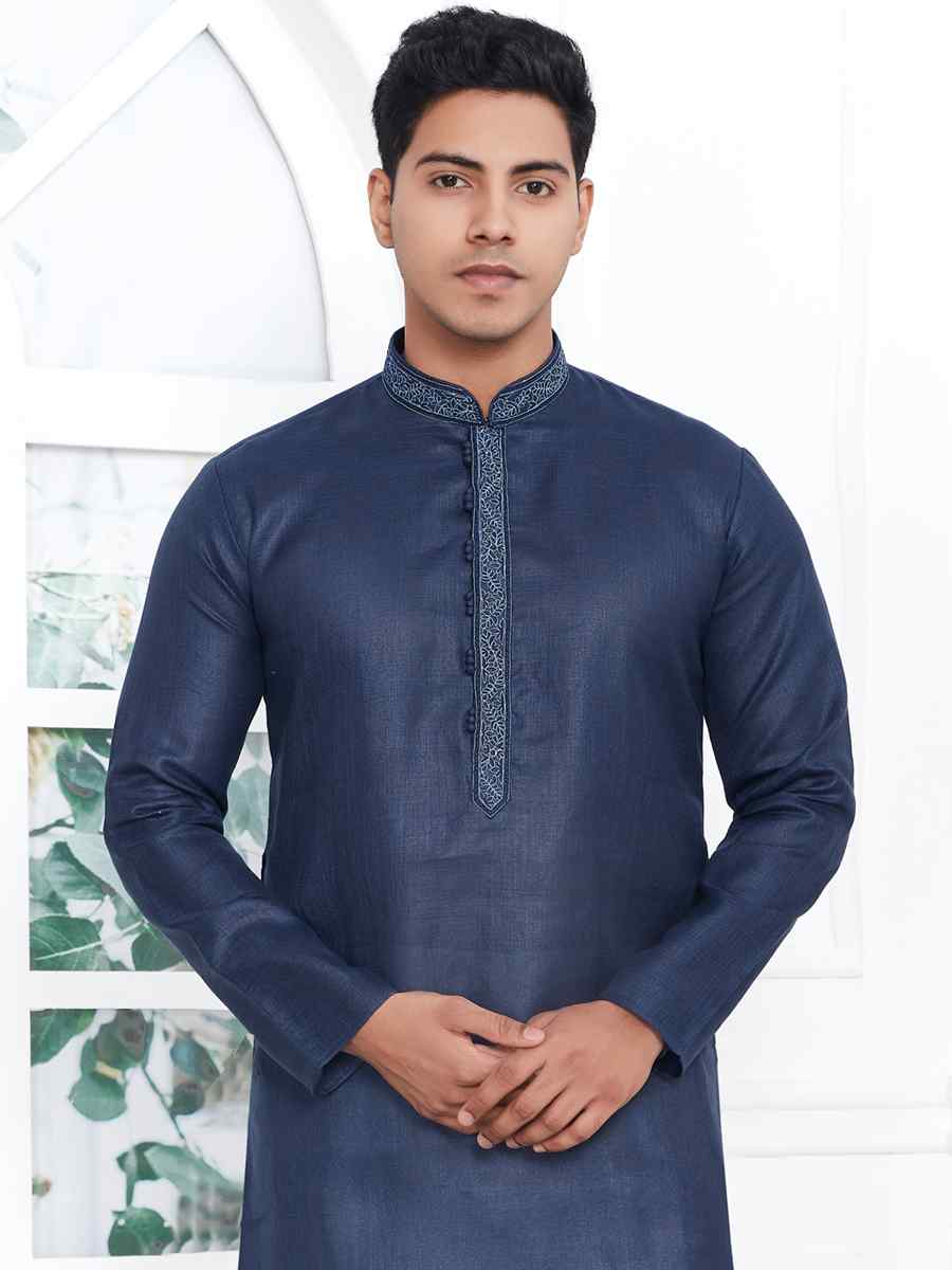 Navy Blue Premium Linen Cotton Printed Festival Casual Kurta
